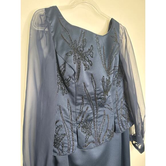 1990s Eve of Milady Navy Beaded Evening Dress with Sheer Sleeves M - L - Picture 5 of 14